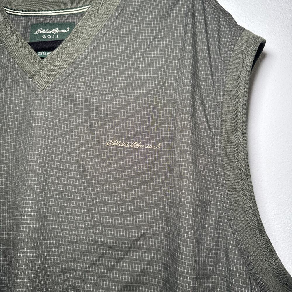 Eddie Bauer Golf Vest Mens Large Green Microcheck Windbreaker Pullover Pocket - Picture 2 of 7